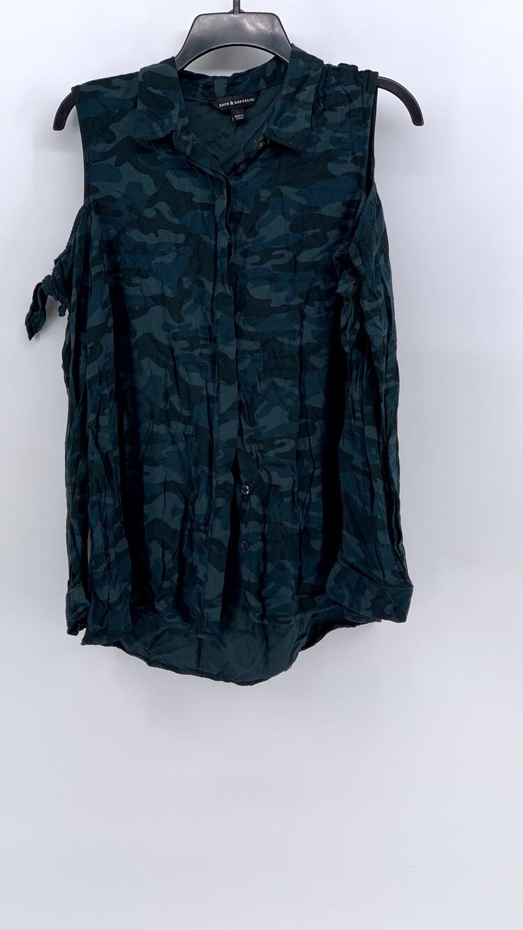 ROCK & REPUBLIC Women's Blue Camo Long Sleeve Cold-Shoulder Button-Up Top SZ L
